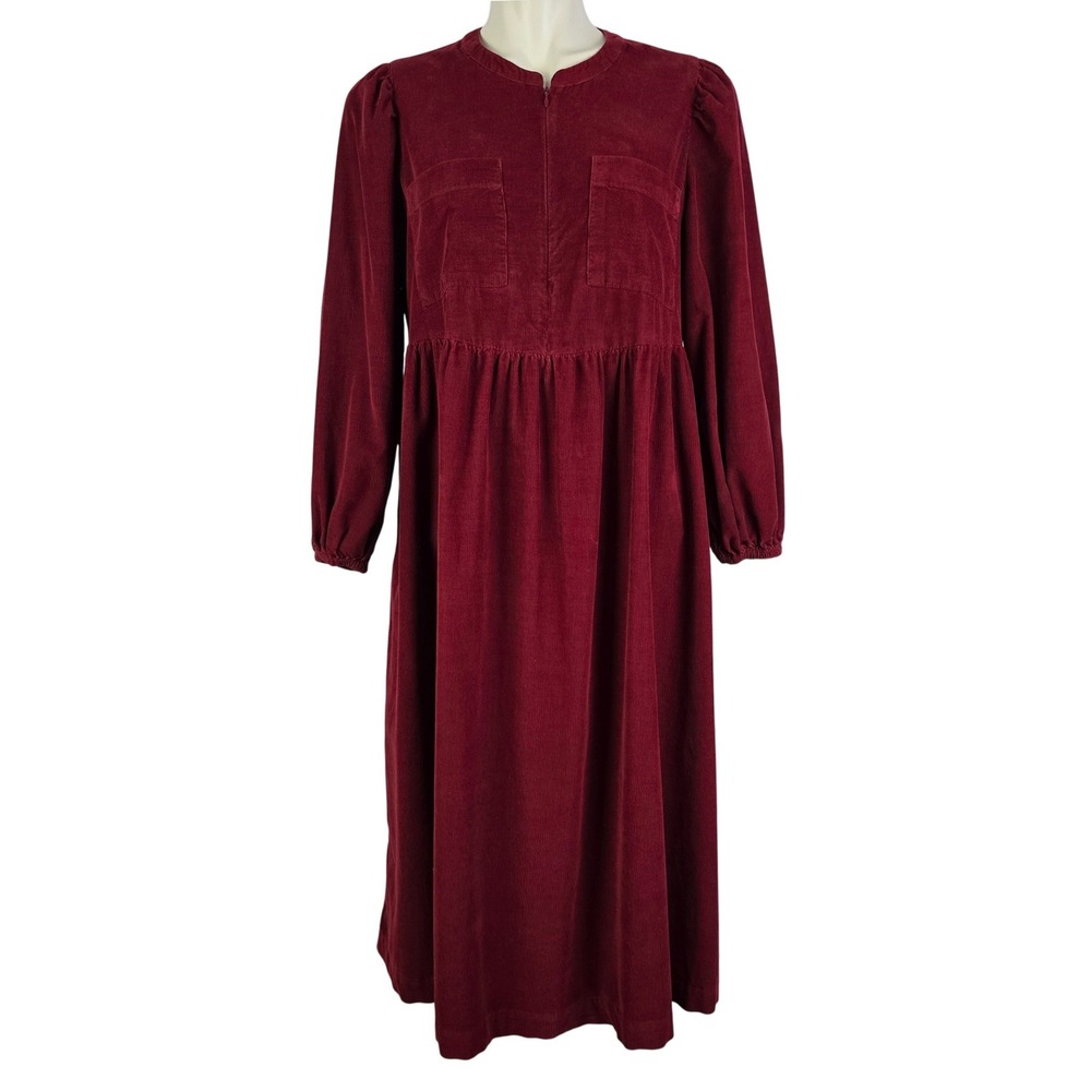M&S Marks & Spencer Womens Burgundy Corduroy Tiered Midi Dress Pockets 10 Petite